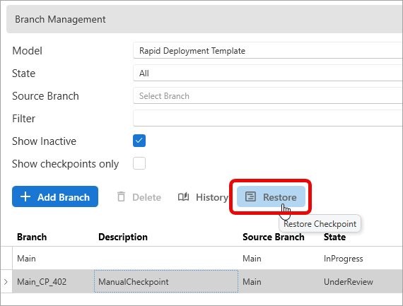Version Checkpoint Restoring a Version Checkpoint