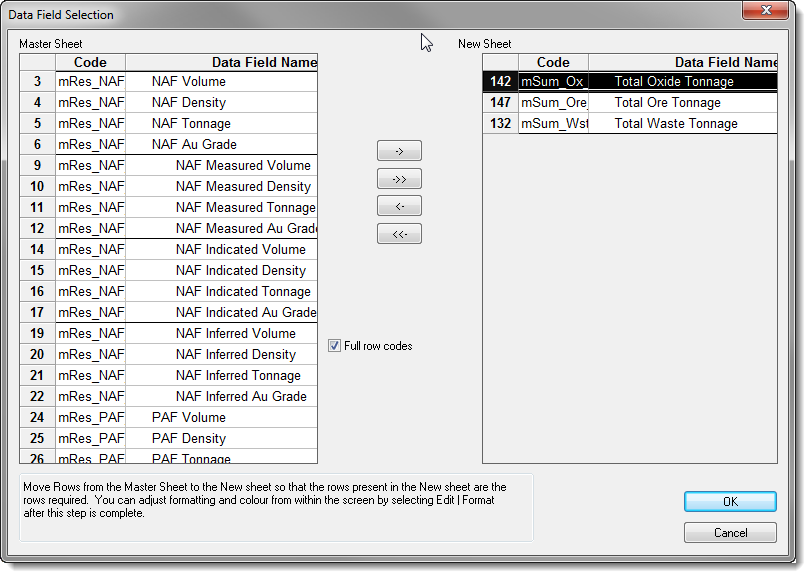 Business Graphs - Data Field Selection Window