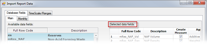 Analysis Reporting - Import Report Data window - Selected data fields