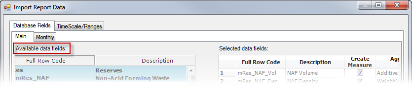 Analysis Reporting - Import Report Data window - Available data fields