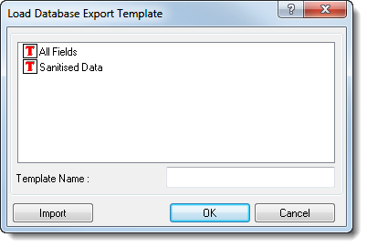 Load Database Export Template Window